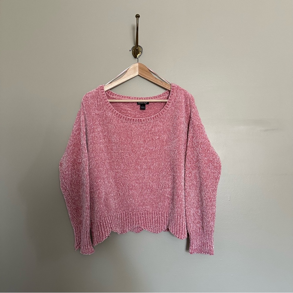 Pink Chenille Sweater With Scalloped Hem